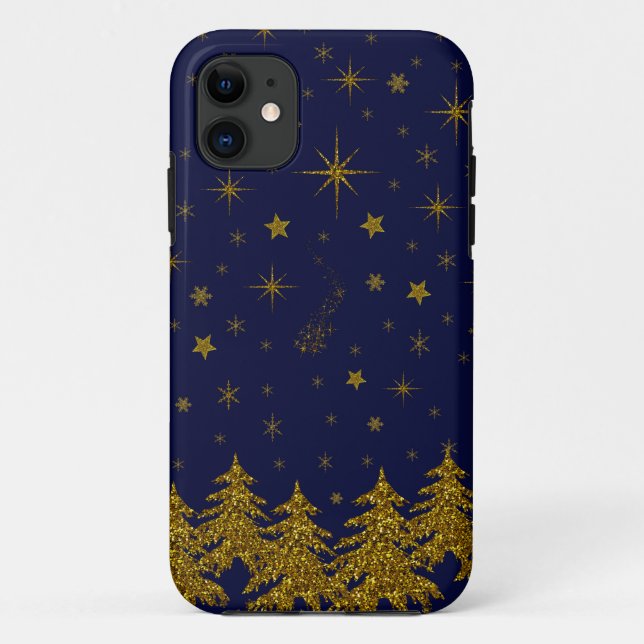 Sparkly Gold Christmas tree, stars, snow on blue Case-Mate iPhone Case (Back)