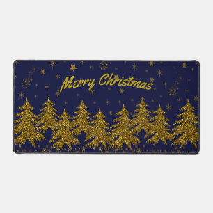 Sparkly Gold Christmas tree, stars, snow on blue Desk Mat