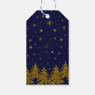 Sparkly Gold Christmas tree, stars, snow on blue  Gift Tags