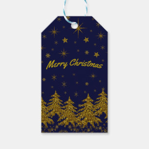Sparkly Gold Christmas tree, stars, snow on blue   Gift Tags