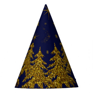 Sparkly Gold Christmas tree, stars, snow on blue Party Hat