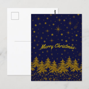 Sparkly Gold Christmas tree, stars, snow on blue Postcard