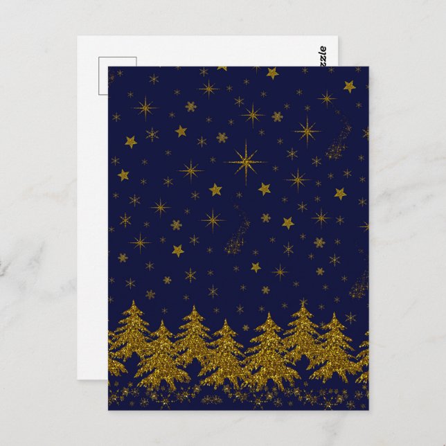 Sparkly Gold Christmas tree, stars, snow on blue  Postcard (Front/Back)