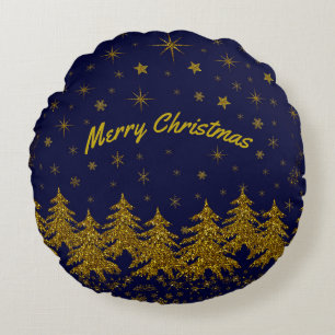 Sparkly Gold Christmas tree, stars, snow on blue R Round Cushion