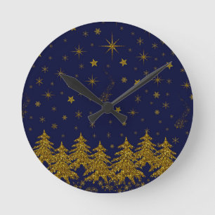 Sparkly Gold Christmas tree, stars, snow on blue  Round Clock