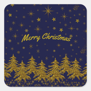 Sparkly Gold Christmas tree, stars, snow on blue Square Sticker