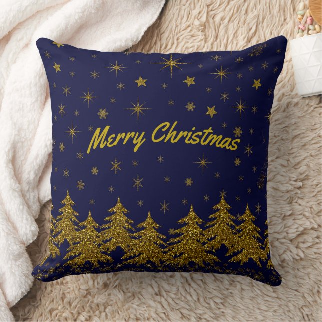Sparkly Gold Christmas tree, stars, snow on blue T Cushion (Blanket)