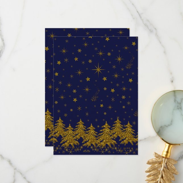 Sparkly Gold Christmas tree, stars, snow on blue  Thank You Card (Front/Back In Situ)