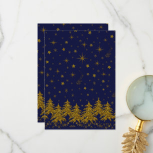 Sparkly Gold Christmas tree, stars, snow on blue Thank You Card