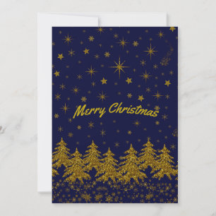 Sparkly Gold Christmas tree, stars, snow on blue   Thank You Card