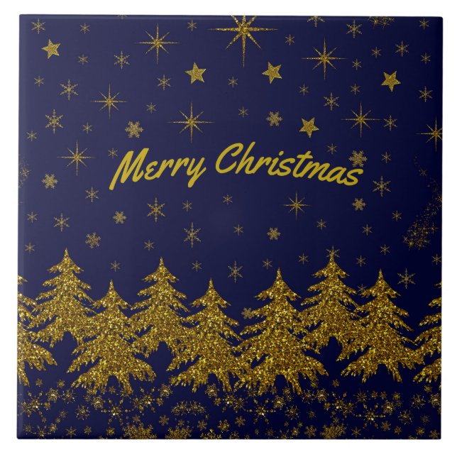 Sparkly Gold Christmas tree, stars, snow on blue   Tile (Front)