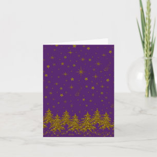 Sparkly Gold Christmas tree, stars, snow on purple Card