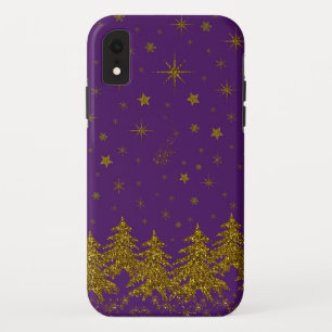 Sparkly Gold Christmas tree, stars, snow on purple iPhone XR Case