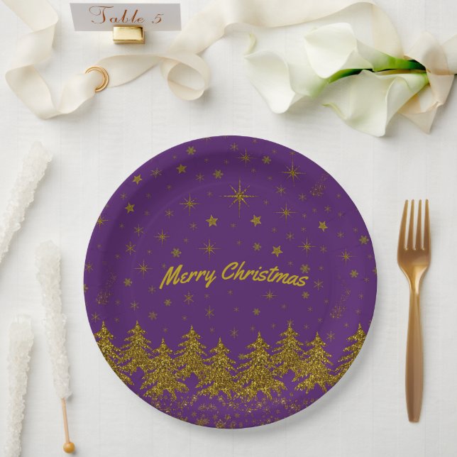 Sparkly Gold Christmas tree, stars, snow on purple Paper Plate (Wedding)