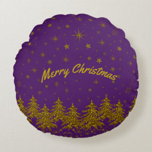 Sparkly Gold Christmas tree, stars, snow on purple Round Cushion