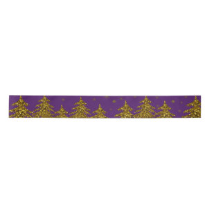 Sparkly Gold Christmas tree, stars, snow on purple Satin Ribbon