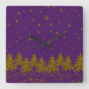 Sparkly Gold Christmas tree, stars, snow on purple Square Wall Clock