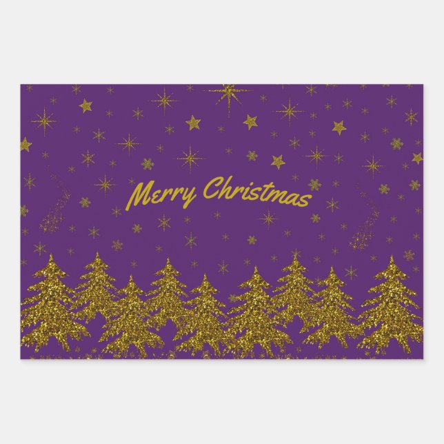 Sparkly Gold Christmas tree, stars, snow on purple Wrapping Paper Sheet (Front)