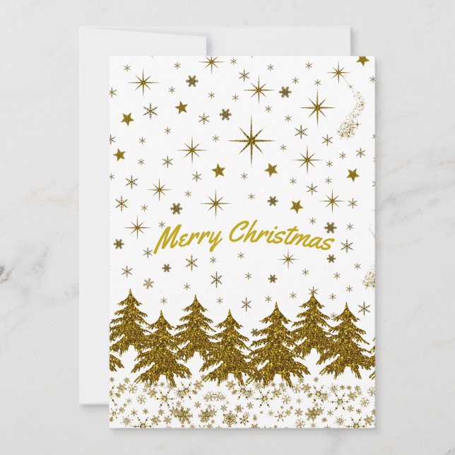 Sparkly Gold Christmas tree, stars, snow on  Thank You Card (Front)