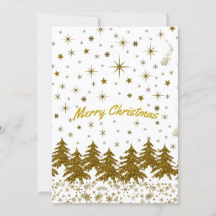 Sparkly Gold Christmas tree, stars, snow on  Thank You Card