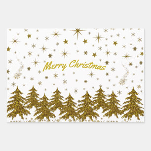 Sparkly Gold Christmas tree, stars, snow Wrapping Paper Sheet