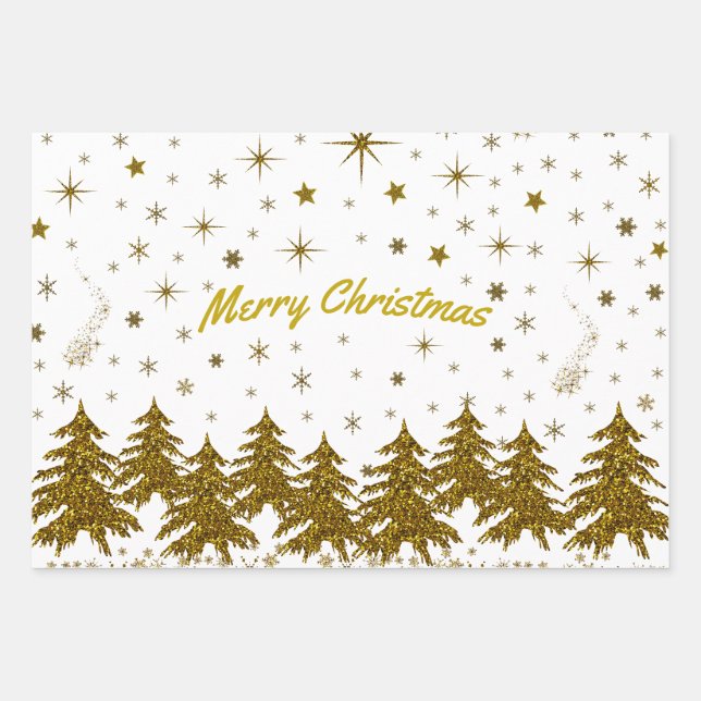Sparkly Gold Christmas tree, stars, snow Wrapping Paper Sheet (Front)