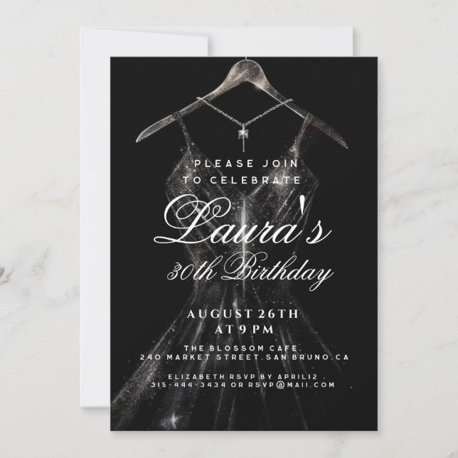 Sparkly gold dress black background birthday party invitation (Front)