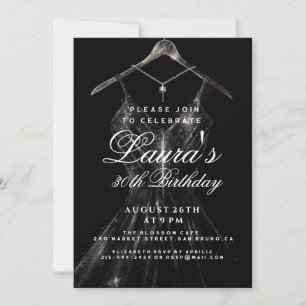 Sparkly gold dress black background birthday party invitation