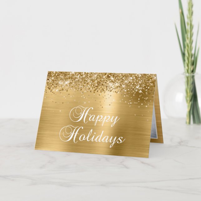 Sparkly Gold Family Photo Happy Holiday Card (Front)