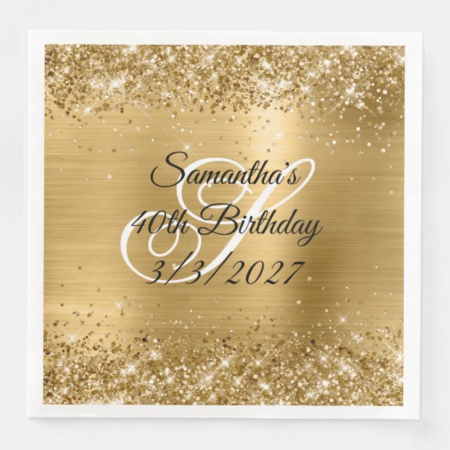Sparkly Gold Glitter and Foil 40th Birthday Napkin (Front)