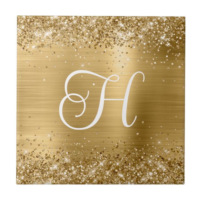 Sparkly Gold Glitter and Foil Monogram Tile (Front)