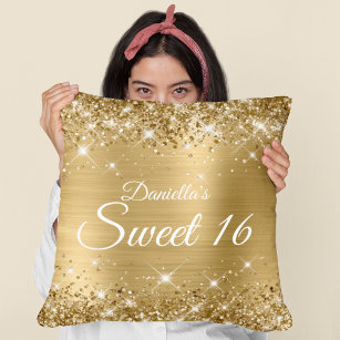 Sparkly Gold Glitter and Foil Sweet 16 Cushion