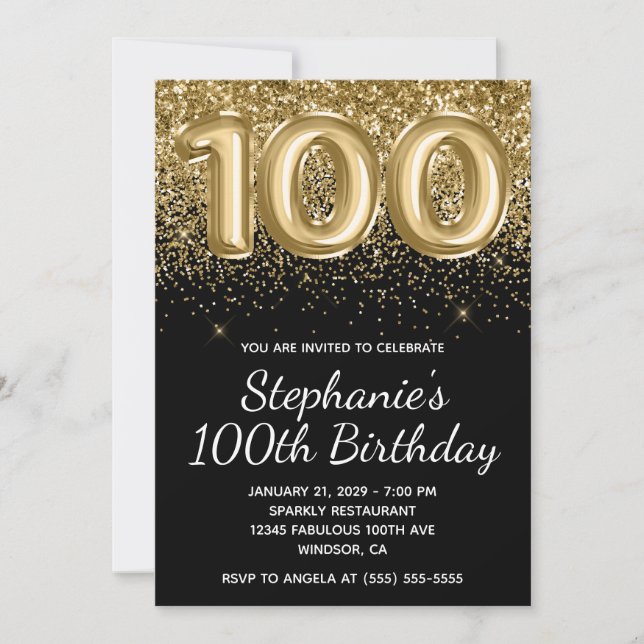 Sparkly Gold Glitter Black Balloon 100th Birthday Invitation (Front)