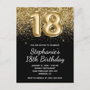 Sparkly Gold Glitter Black Balloon 18th Birthday Invitation Postcard