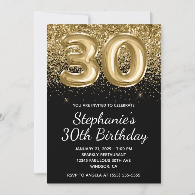 Sparkly Gold Glitter Black Balloon 30th Birthday Invitation (Front)