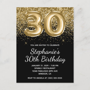 Sparkly Gold Glitter Black Balloon 30th Birthday Invitation Postcard