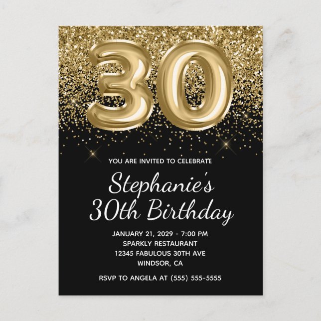 Sparkly Gold Glitter Black Balloon 30th Birthday Invitation Postcard (Front)
