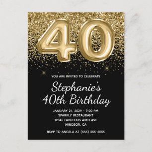 Sparkly Gold Glitter Black Balloon 40th Birthday Invitation Postcard