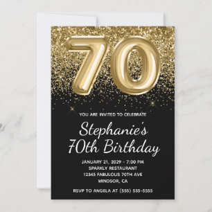 Sparkly Gold Glitter Black Balloon 70th Birthday Invitation