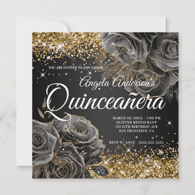 Sparkly Gold Glitter Black Rose Glam Quinceañera Invitation (Front)