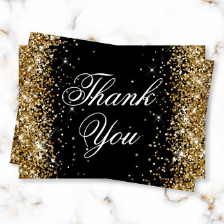 Sparkly Gold Glitter Black Thank You Card