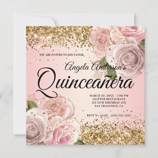 Sparkly Gold Glitter Blush Pink Floral Quinceañera Invitation (Front)