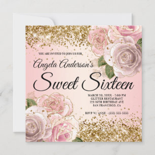 Sparkly Gold Glitter Blush Pink Rose Sweet Sixteen Invitation