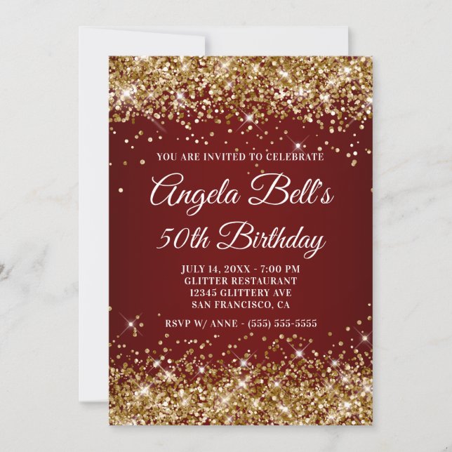 Sparkly Gold Glitter Burgundy Ombre 50th Birthday Invitation (Front)