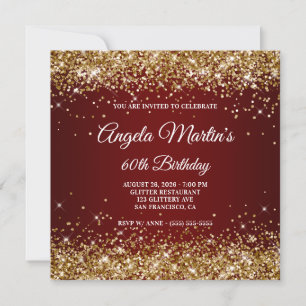 Sparkly Gold Glitter Burgundy Ombre 60th Birthday Invitation