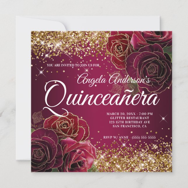 Sparkly Gold Glitter Burgundy Red Rose Quinceañera Invitation (Front)