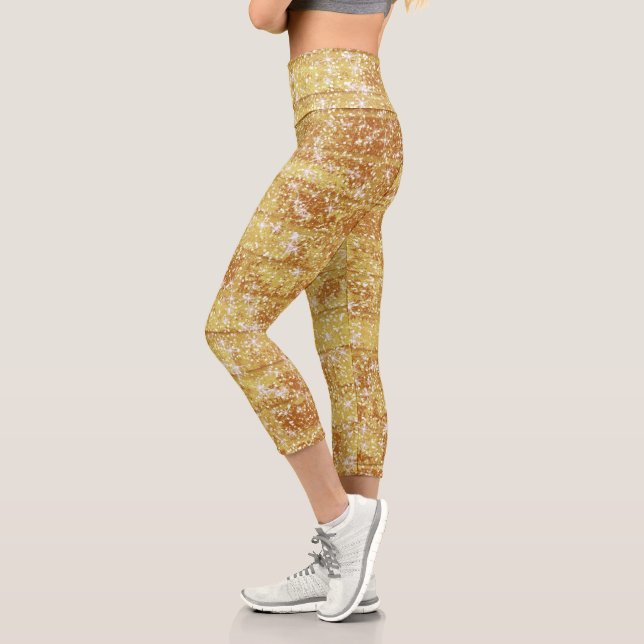 Sparkly Gold Glitter Chic Texture Pattern Capri Leggings (Left)