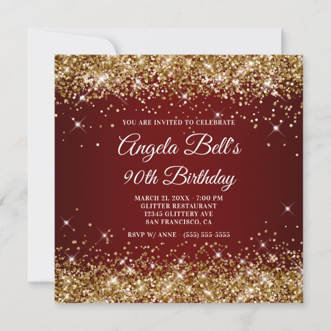 Sparkly Gold Glitter Dark Red 90th Birthday Invitation (Front)