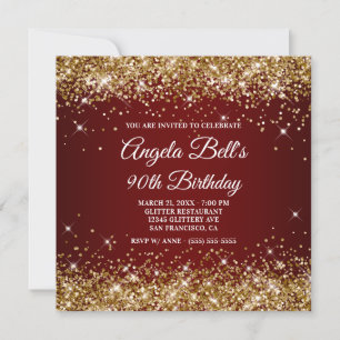 Sparkly Gold Glitter Dark Red 90th Birthday Invitation