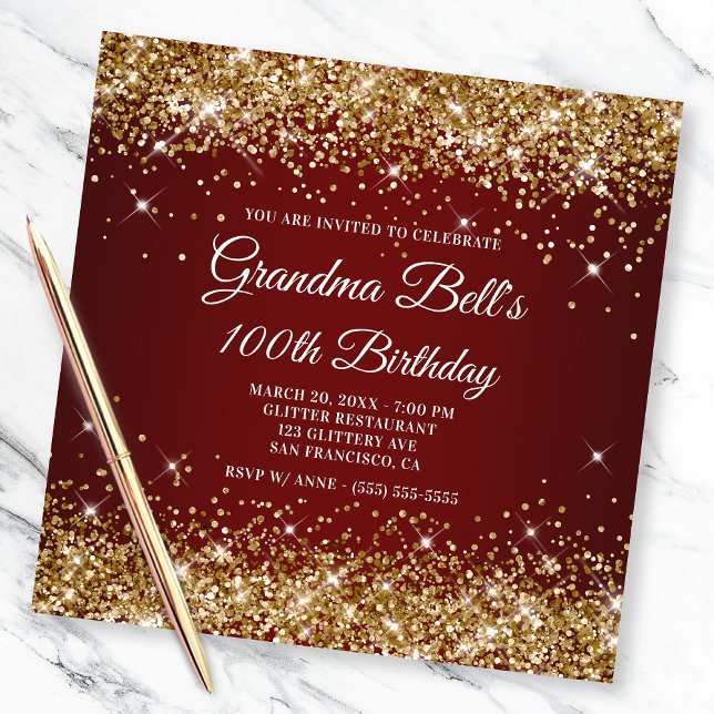 Sparkly Gold Glitter Dark Red Ombre 100th Birthday Invitation (Creator Uploaded)